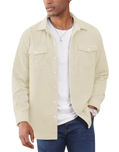 EKLENTSON Langarmhemd Herren Bequem Herbst Dünne Jacke Corduroy Longsleeve Top mit Brustpattentasche (XL, Beige)
