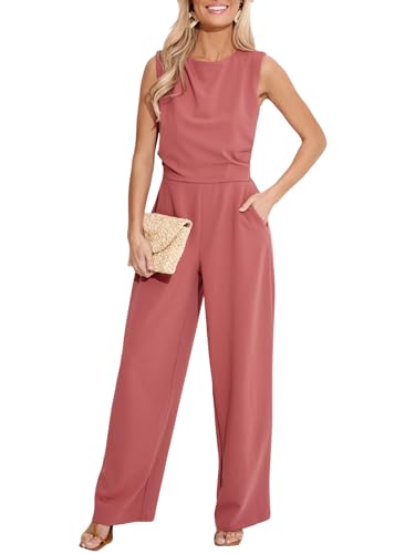 CUPSHE Damen Jumpsuit Rundhals Ärmellos Overall Plissee Weite Beine Playsuit mit Taschen Elegant Hosenanzug Rosa M