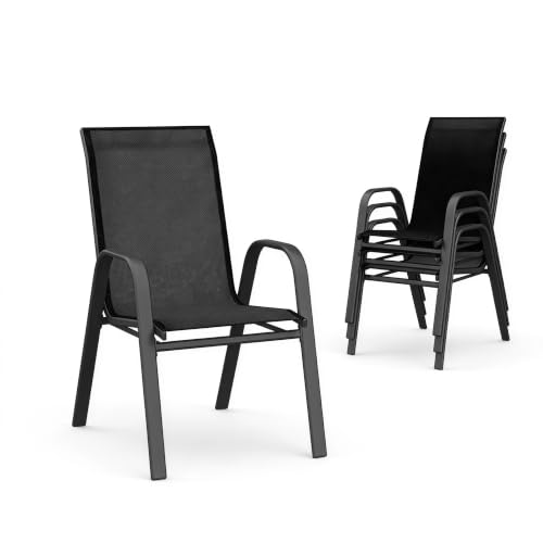 GarveeMore Komfortable stapelbare Hochlehner Gartenstühle 4er Set, atmungsaktives Textilene-Gewebe, wetterfester & rostfreier Metallrahmen, platzsparend geeignet für Garten, Balkon und Terrasse