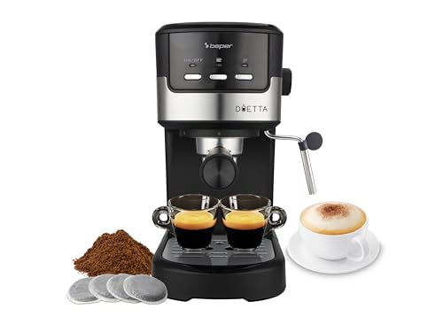 BEPER P101CAF100 Duetta Espresso-Kaffeemaschine, 1100W, Kompatibel mit Pads und Kaffeepulver, Kaffeemaschine mit doppeltem Auslaufarm, 15 bar, Tassenwärmer, Messbecher und Presser inklusive, Schwarz
