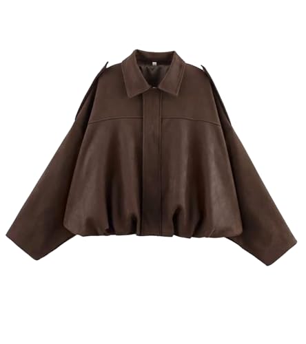 Bnigung Damen-Bomberjacke aus Wildlederimitat, lässiges Revers, übergroße Motorradjacke, Kaffee, L