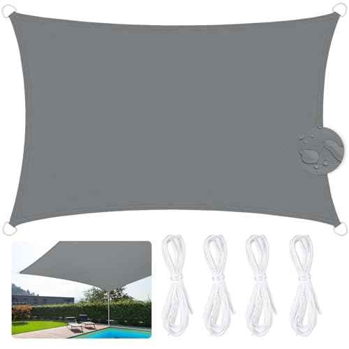 JUQG Wasserdichtes Rechteckiges Sonnensegel 3x5m 420D Verschlüsseltes Verdicktes Oxford Gewebe 95% UV Beständig für Pool, Garten, Terrasse, Park, Camping - Grau