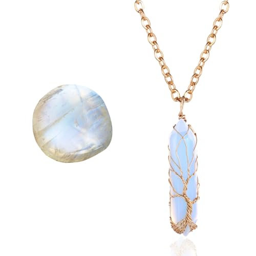 Halukakah Mondstein Halskette - LUNARLIEBE - Handgefertigt Plattiert mit 18 Karat Gold Wickeldraht Lebensbaum, Natürliche Kristall Hexagonaler Form Anhänger und 50cm Kette, Geschenk für Sie