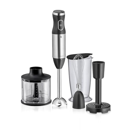 WMF Kult X Stabmixer Set 5-teilig – Edelstahl Pürierstab 600 W mit Schneebesen, Stampfer, Zerkleinerer und 700 ml Mixbecher, spülmaschinenfest, vielseitiger Mixer für Suppen, Smoothies und Babybrei