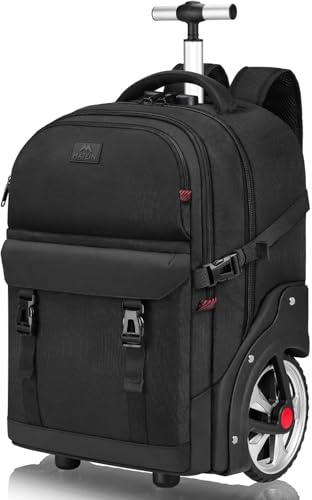 MATEIN Trolley Rucksack mit Rollen, 17,3 Zoll Trolley Rucksack mit Groß Rädern, 50L Reiserucksack mit rollen,Kombinationsschloss, Wasserdichte für Arbeit Reise, Schwarz