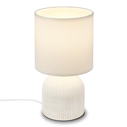 BRILONER - Tischlampe mit Stoffschirm, Kabelschalter, Keramikfuß, Lampe, Nachttischlampe, Tischleuchte, Dekolampe Flur, Bürolampe, Leselampe, Wohnzimmer, Schlafzimmer, 15x28 cm (DxH), Weiß