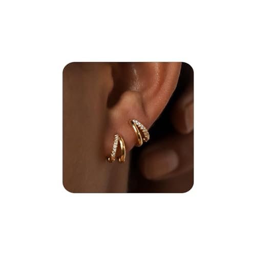 MUMREUES Ohrringe Gold Creolen 14K Vergoldet Ohrringe Damen Huggie Stecker mit Zirkonia Hypoallergen Wasserfest Minimalist Schmuck Geschenke