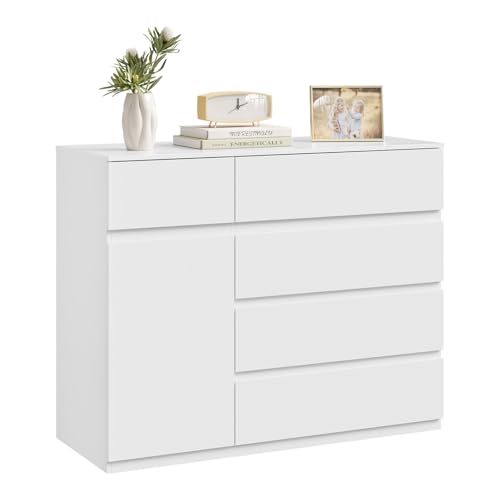 WOLTU Kommode weiß, mit 5 Schubladen, 1 Schranktür, Moderner Schubladenschrank mit Verstellbarer Ablage, für Wohnzimmer Schlafzimmer Flur, 100 x 80 x 40 cm