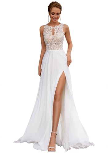 HUINI Brautkleider Lang Spitzen A-Linie Hochzeitskleid Boho Standesamt Brautmode Kleid B-Weiß 42