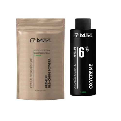 FemMas Blondier-Set: Premium Blondierpulver 100g & Oxycreme 100ml| Perfektes Starter Set für blonde Haare | für bis zu 9 Tonstufen hellere Haare in Salon Qualität (Blond, 6%)