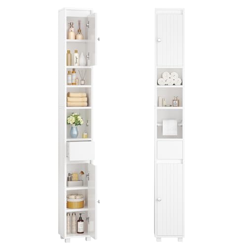 FORABAMB Badezimmerschrank, Badschrank Schmal mit Verstellbaren Ablagen, Schublade, offenen Fächern, Klopapierhalter, Platzsparender Badezimmer Hochschrank für kleine Räume, 20 x 20 x 180 cm, Weiß
