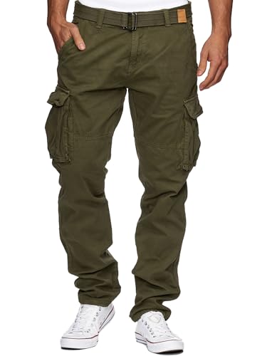 Indicode Herren William Cargohose aus Baumwolle m. 7 Taschen inkl. Gürtel | Outdoorhose Army, L