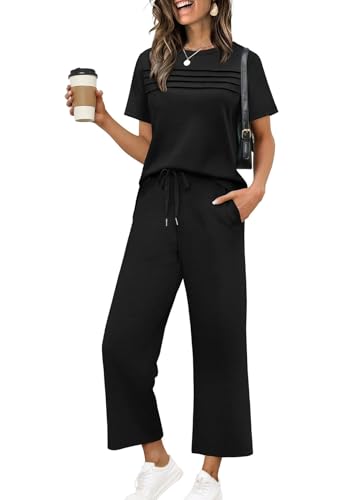Desol Damen Trainingsanzug Jogginganzug Zweiteiler für Sommer - Kurzarm Oberteil mit Raffung und Weite 7/8 Hose mit Taschen - Loungewear für Reisen & Freizeit & Hausgebrauch