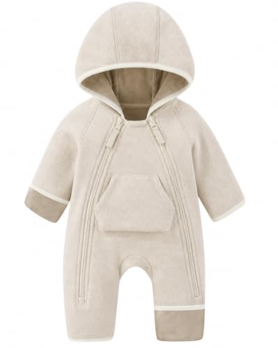 JiAmy Baby Herbst Overall Baby Fleece Strampler mit Kapuze Leicht Outwear für Mildes Winterwetter Neugeborene Jumpsuit für Mädchen Jungen 0-3 Monate Grau
