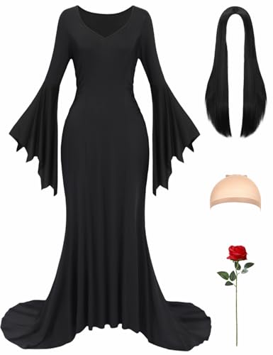 Enenblau Erwachsene Halloween Kostüm für Damen schwarzes Kleid mit Perücke für Rolle Cosplay EB015L