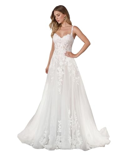 JAEDEN Spitze Brautkleider Damen Tüll Hochzeitskleider A-Linie Braut Standesamtkleider Herzausschnitt Weiß 36