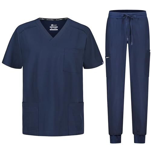 B-well Matteo Herren-Schrubb-Set Schlupfkasack + Jogger Hose Set Medizin Arzt Uniform Medizinische Berufsbekleidung mit Elastan (DE/NL/SE/PL, Alphanumerisch, XL, Regular, Regular, Blau)