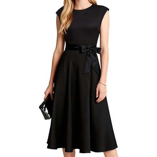 Vicloon Cocktailkleid Damen Elegant 1950er Vintage A-Line Swing Knielang Kurzarm midilang festlichs Kleid mit Gürtel Festlich Winter Hochzeitkleid Abendkleid Partykleid-L
