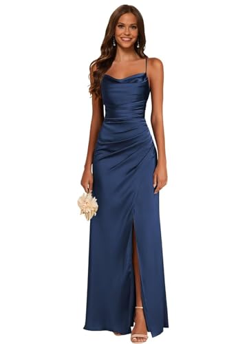 JAEDEN Brautjungfernkleider Satin Spaghettiträger Ballkleider Lang mit Schlitz Meerjungfrau Falte Abendkleider Marineblau 36