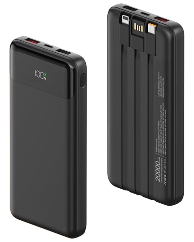 Powerbank 20000 mAh mit Integrierten 3 Kabeln, 22,5 W Schnellladung Power Bank Tragbares Ladegerät PD 3.0 QC 3.0 USB-C EIN- und Ausgang Externe Handyakkus für iPhone, Samsung, und mehr