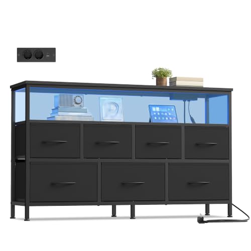 SONGMICS Kommode, 7 Schubladen, Sideboard mit Ladestation, Schwarz