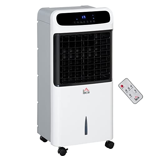 HOMCOM Luftkühler mit Wasserkühlung Leise mit Fernbedienung 81 cm 60° Oszillierende Ventilator Standventilator mit 3 Modi, 3 Geschwindigkeiten, 12 Std-Timer, LED-Anzeige, Weiß