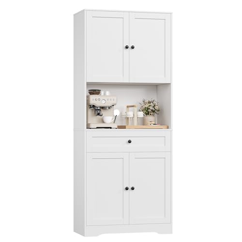FOREHILL Küchenschrank Hochschrank, Küchenbuffet Buffetschrank mit Arbeitsplatte, 4 Türen, Schublade, Kabelloch, verstellbaren Einlegeböden, Mehrzweckschrank für Wohnzimmer Küche 75x40x180cm, Weiß