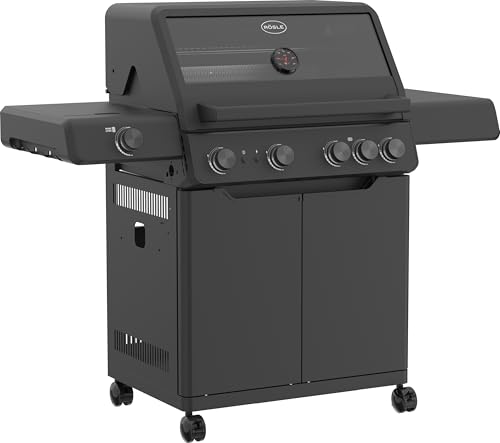 RÖSLE Gasgrill ALLFLAME Hero 4 – 4 Brenner (je 3,5 kW), PRIMEZONE, BACKBURNER, 70x45 cm Grillfläche, Gusseisenroste, Alu-Druckguss, Deckel mit Glaseinsatz, beleuchtete Drehknöpfe, schwarz