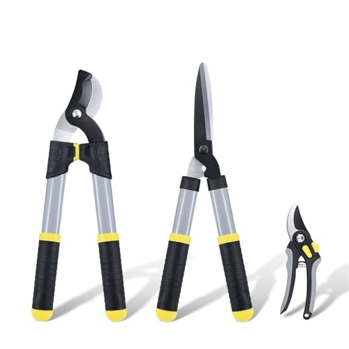 Colwelt Gartenscheren-Set, 3-teilig: Leichtes, kompaktes Gartenscheren-Set mit 42 cm langem Bypass-Astschneider, Heckenschere und Gartenschere. Pflege-Set für Bäume und Sträucher mit Softgriff.