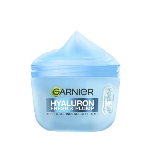 Garnier Hyaluron Fresh & Plump Aufpolsternde Sorbet Creme – Gesichtspflege mit Hyaluronsäure & 4% Niacinamid für prallere Haut – Feuchtigkeitscreme für glatteren & ebenmäßigen Teint – 85ml