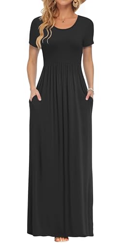 AUSELILY Damen Kurzarm Sommer Casual Long Maxi Kleider mit Taschen Schwarz XL