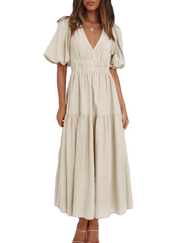 MessBebe Kleid Damen Elegant V-Ausschnitt Sommerkleid Kurze Puffärmel Wickelkleid Einfarbig Maxikleid Hohe Taille Partykleid Lässig Sommer Freizeitkleid