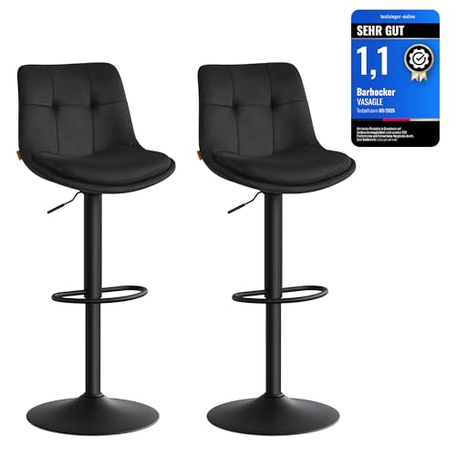 VASAGLE Barhocker 2er Set, Barstühle höhenverstellbar, drehbare Küchenhocker, Samt, mit Rückenlehne und Fußstütze, Esszimmer, Theke, Stahl, tintenschwarz LJB198BH01
