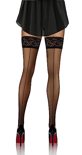 sesto senso Damen Halterlose naht-strümpfe mit Rückennaht Muster 20 DEN Spitzenstrümpfe Schwarz 3/4 Naht
