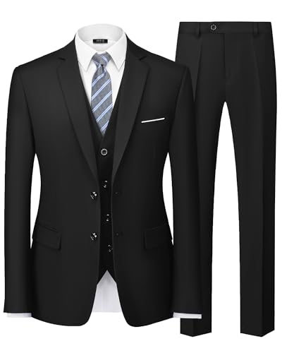 MY'S Herren 3-teiliges Slim-Fit-Anzug-Set, 2-Knopf-Blazer-Jacke, Weste, Hose mit Krawatte, solides Hochzeitskleid, Smoking und Hose, Schwarz, Large