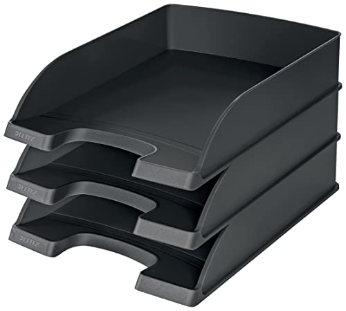 Leitz Briefkorb Standard A4, 3er Pack, Briefablage in Premium-Qualität, Stapelbares Ablagefach als Schreibtisch-Organizer, Kombinierbar mit Plus-Serie, Schwarz, 52270095