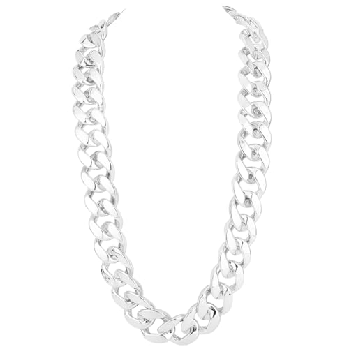 SOFPLATE Hip Hop Kette Siber Halskette Herren Kunststoff 90cm Kubanischen 90er 80er Gliedern Künstlich Golden Klobige Dick Groß Jahre Punk Stil Panzerkette Rapper Kostüm Umschlaghalsk