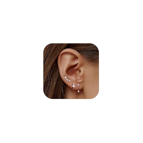 JeweBella 3 Paar Ohrringe Silber 925 Set für Damen 14 Karat Vergoldet Kleine Ohrstecker Stapelbar Zirkonia Creolen für Mehrere Piercings