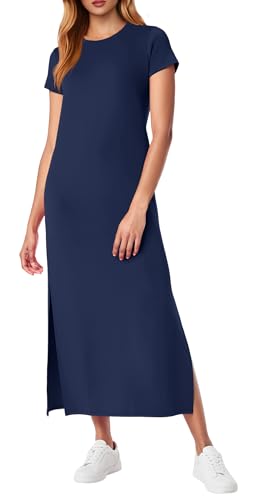 QIXING Damen Strick-Optik Maxikleid fur Kurzarm - Basic Style mit Seitensplit, Taschen & Faltenfrei Sommerkleid für Urlaub & Reise (Marineblau, M)