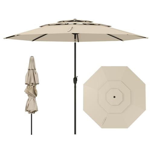 COSTWAY Sonnenschirm windfest stabil, 300 cm Gartenschirm mit Kurbel, beidseitig um 30° knickbar, UV-Schutz, Terrassenschirm belüftet, Marktschirm für Terrasse, Garten, Balkon (Beige)