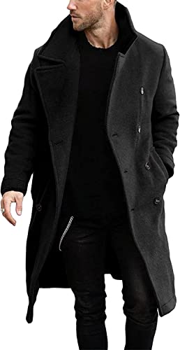 Runcati Herren Mantel Regular Fit Trenchcoat Langes Revers Zweireihig Wolle Business Winterjacke Peacoat, Schwarz , XXL