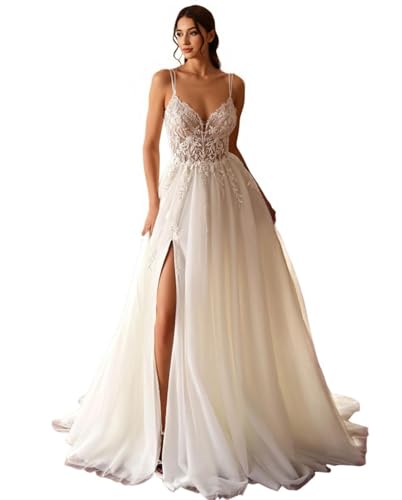 HUINI Brautkleid mit Spaghettiträgern V-Ausschnitt A-Linie Spitzen Tüll Strand Hochzeitskleid für die Braut mit Schleppe Elfenbein 42