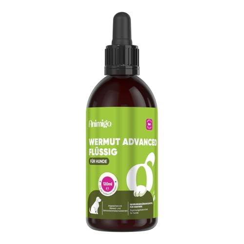 Animigo Wermut Tropfen für Hunde – Pflanzliche Wurmkur Alternative für Hunde mit Wermut & Schwarzkümmel – Natürliche Darmhygiene & Verdauungspflege – Ohne Knoblauch, Für alle Rassen – 120ml