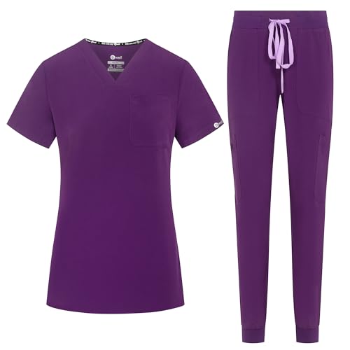 B-well NAOMI Damen-Schrubb-Set Schlupfkasack + Schlupfhose Set Medizin Arzt Uniform Schlupfjacke Oberteil mit Hose Medizinische Berufsbekleidung mit Elastan (Aubergine, S)