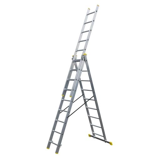 Bayersystem BS-DW 3x9 Mehrzweckleiter, 3x9 Sprossen, 3-teilige Alu-Kombileiter, bis 150 kg belastbar, max. Arbeitshöhe 6,01 m, Klappleiter, Multifunktionsleiter, Stehleiter, Silber/Gelb