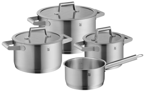 WMF Comfort Line Topfset Induktion 4-teilig, Induktions Töpfe Set, Kochtopf Set mit Glasdeckel, Cromargan Edelstahl mattiert, Skalierung, Töpfe Set stapelbar, unbeschichtet