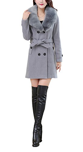 Damen Wintermantel Wollmantel Mit Faux Pelz Kragen Parka Herbstjacke Elegant Zweireihiger Trenchcoat Lang Mantel Übergangsjacke Dufflecoat Outwear Mit Gürtel (DE 32, Grau)