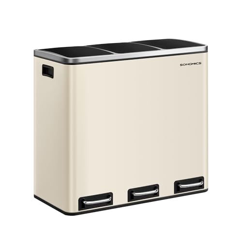 SONGMICS Mülleimer Küche, 3 x 18 L, Mülltrennsystem 3 Fächer, inklusive 15 Müllbeutel, Abfalleimer, Treteimer, für recycelbare Abfälle, Biomüll, mit Deckel, sandbeige LTB054A02