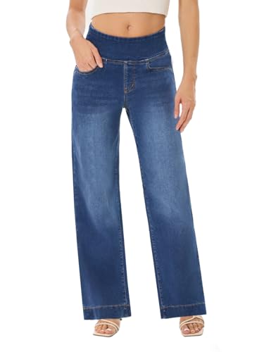 UCOOLYN Baggy Jeans Damen, Wide Leg Jeanshose Pull On High Waist Straight Damen Jean Weites Bein Damenjeans Gerades Loose Fit Hoch Taillierte Trendige Denim-Hose Denim Pants,Dunkelblau