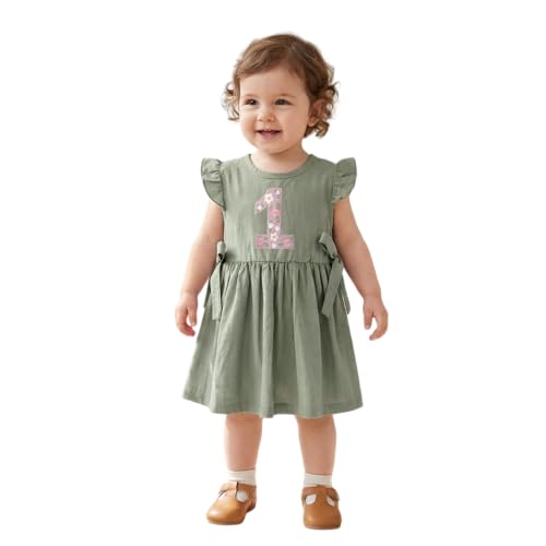 1.Geburtstag Mädchen Kleid Baby für 12-18 Monate Kleider Erstes Geburtstags Partykleid Sommer Ärmellos Strandkleid Blumen Bestickt Freizeitkleid Kleinkind Schnüren Rüschenkleid(12Monate,Grün)